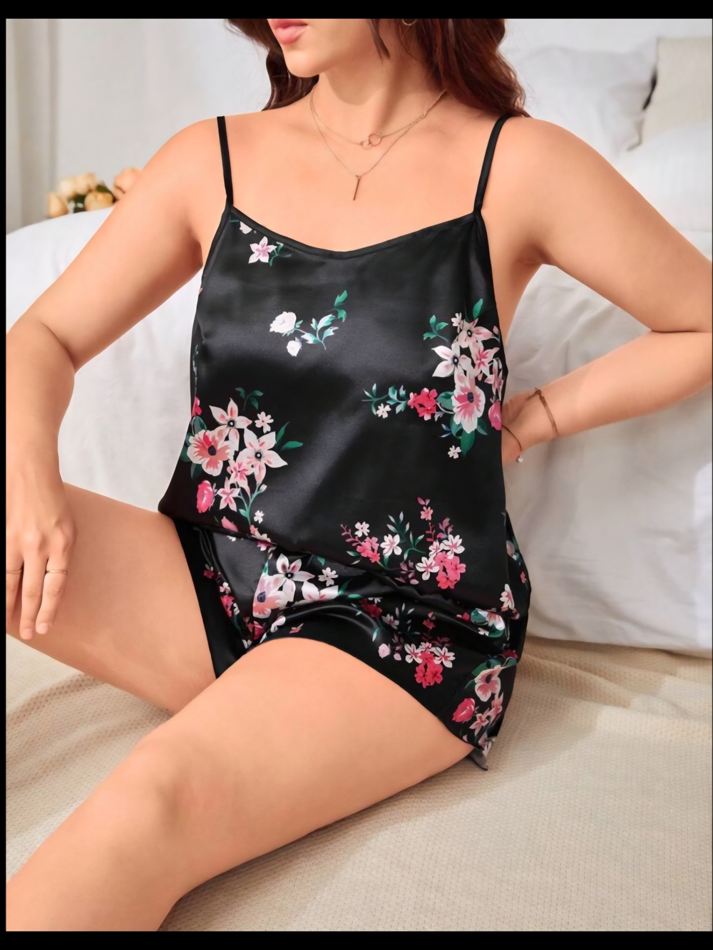 Satin Floral Cami & Short Sleep Set - Black